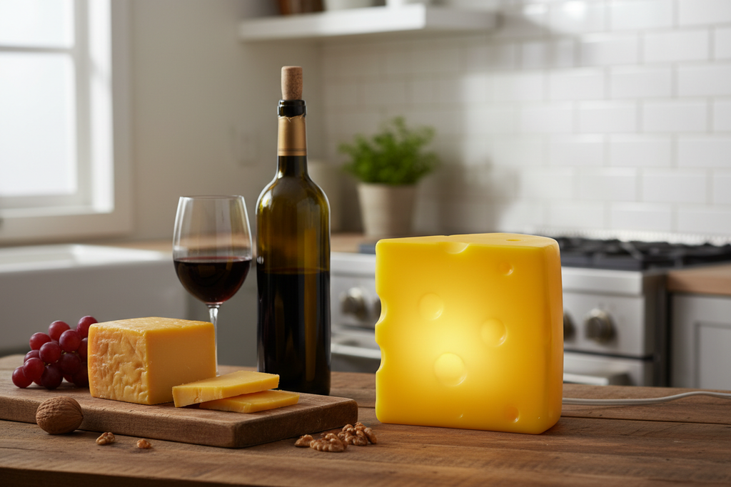 Lampe Cheddar - cuisine avec vin et fromage
